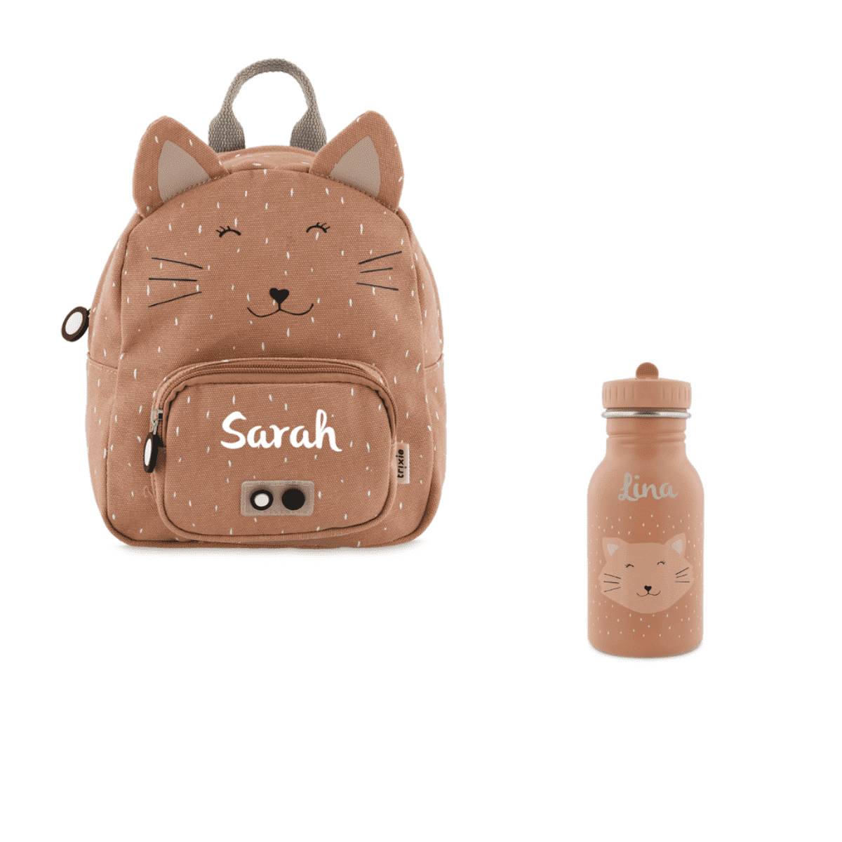 Kinderrucksack Set mit Trinkflasche und Namen, Kindergartenrucksack Set Trixie Katze