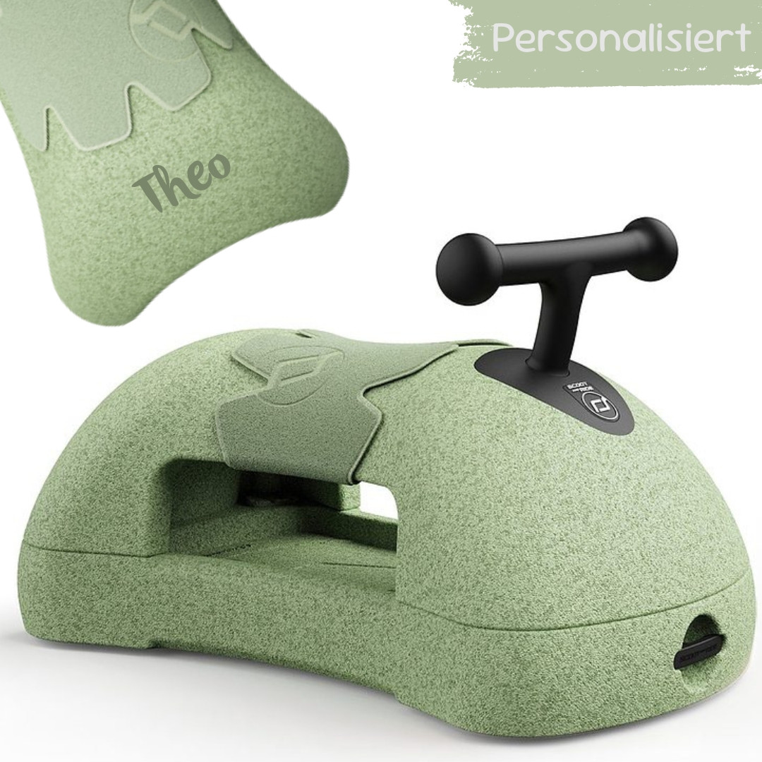 Multifunktionales Rutschfahrzeug in Olive von Scoot & Ride – mit ergonomischem Sitz, Stauraum, Gleitpolstern und 360°-Rädern für Kinder ab 62 cm Körpergröße.