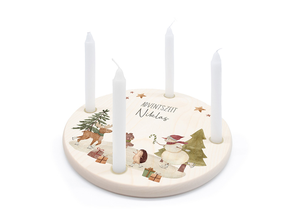 Adventsteller aus Holz mit Kerzen – Winter-Motiv