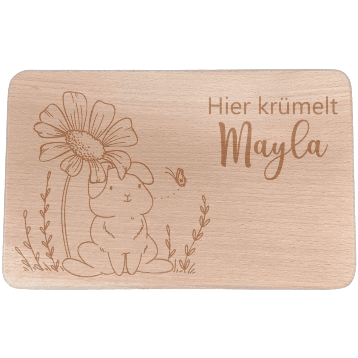 Personalisiertes Frühstücksbrettchen mit Namen und Hase Blume Schmetterling | Kidslino