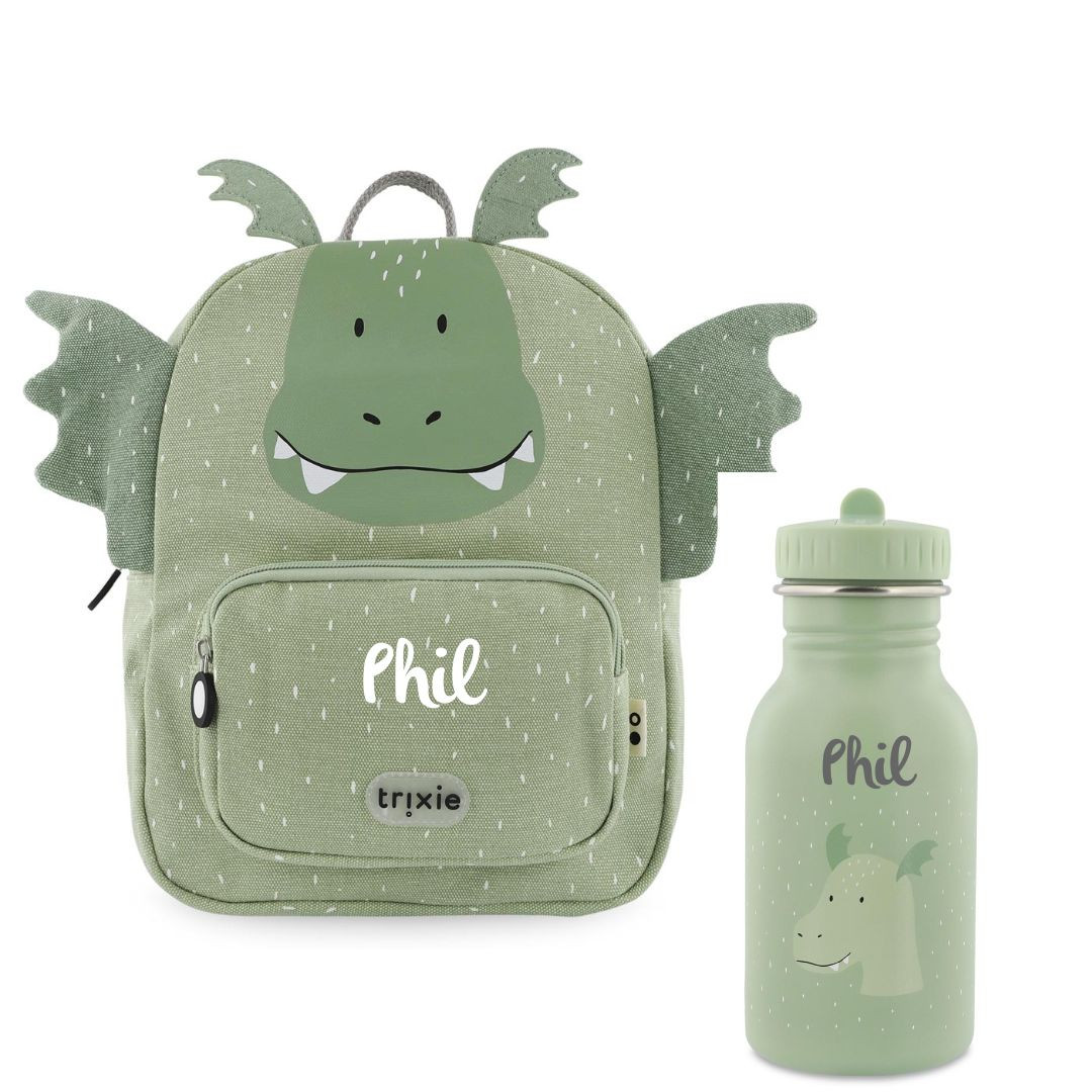 Kinderrucksack Set mit Trinkflasche und Namen, Kindergartenrucksack Set Trixie Drache