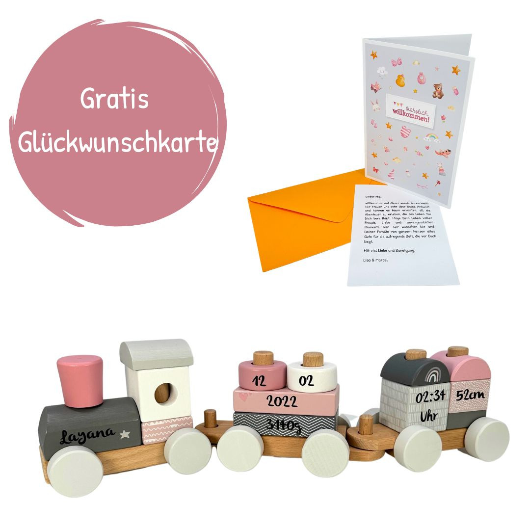 Holz-Eisenbahn in rosa + Gratis Grußkarte