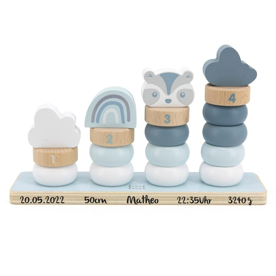 Stapelspiel Waschbär blau | Babygeschenk | personalisierbar