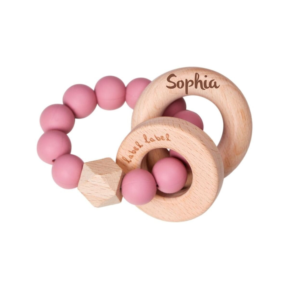 Holz & Silikon Beißring Perlen pink | Babygeschenk | personalisierbar