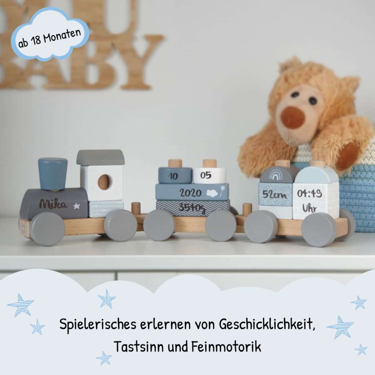 Greifling Lokomotive Stern ★ Blau mit Namen sold personalisiert Baby Geschenk Geburt