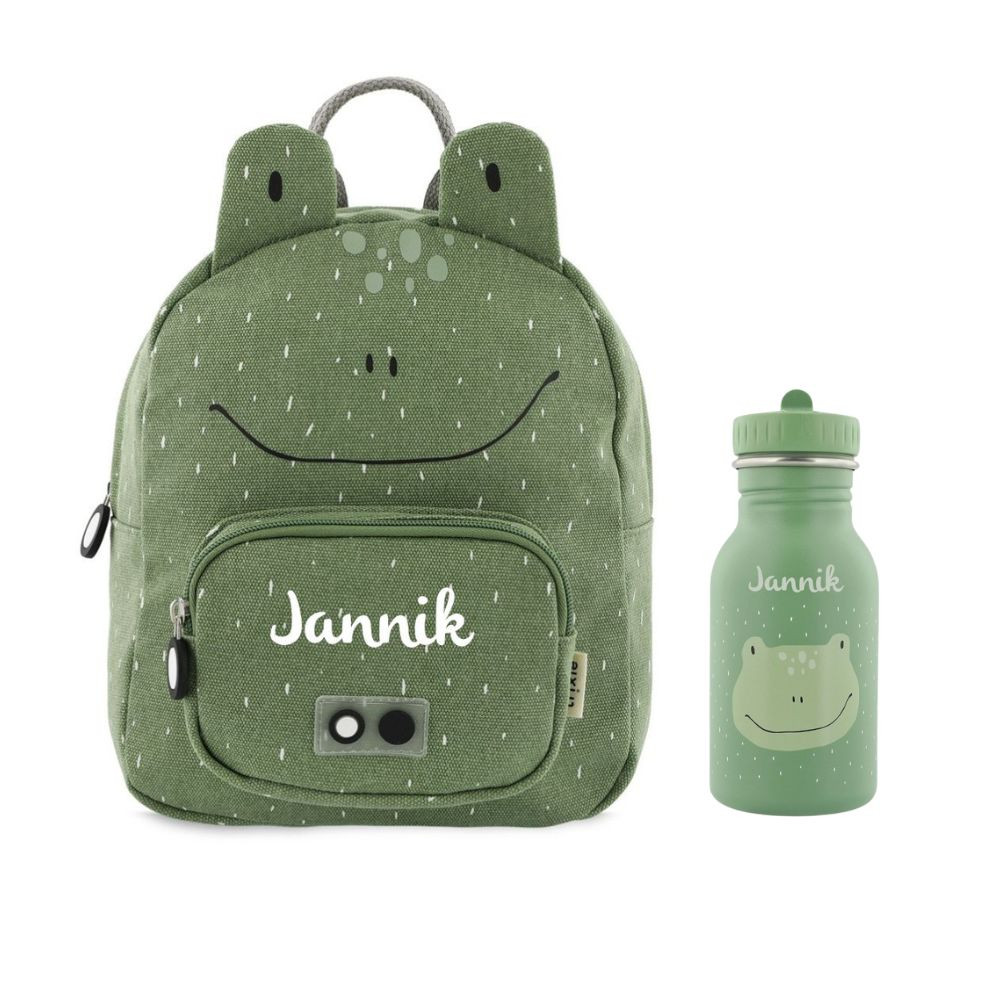 Kinderrucksack Set mit Trinkflasche und Namen, Kindergartenrucksack Set Trixie Frosch