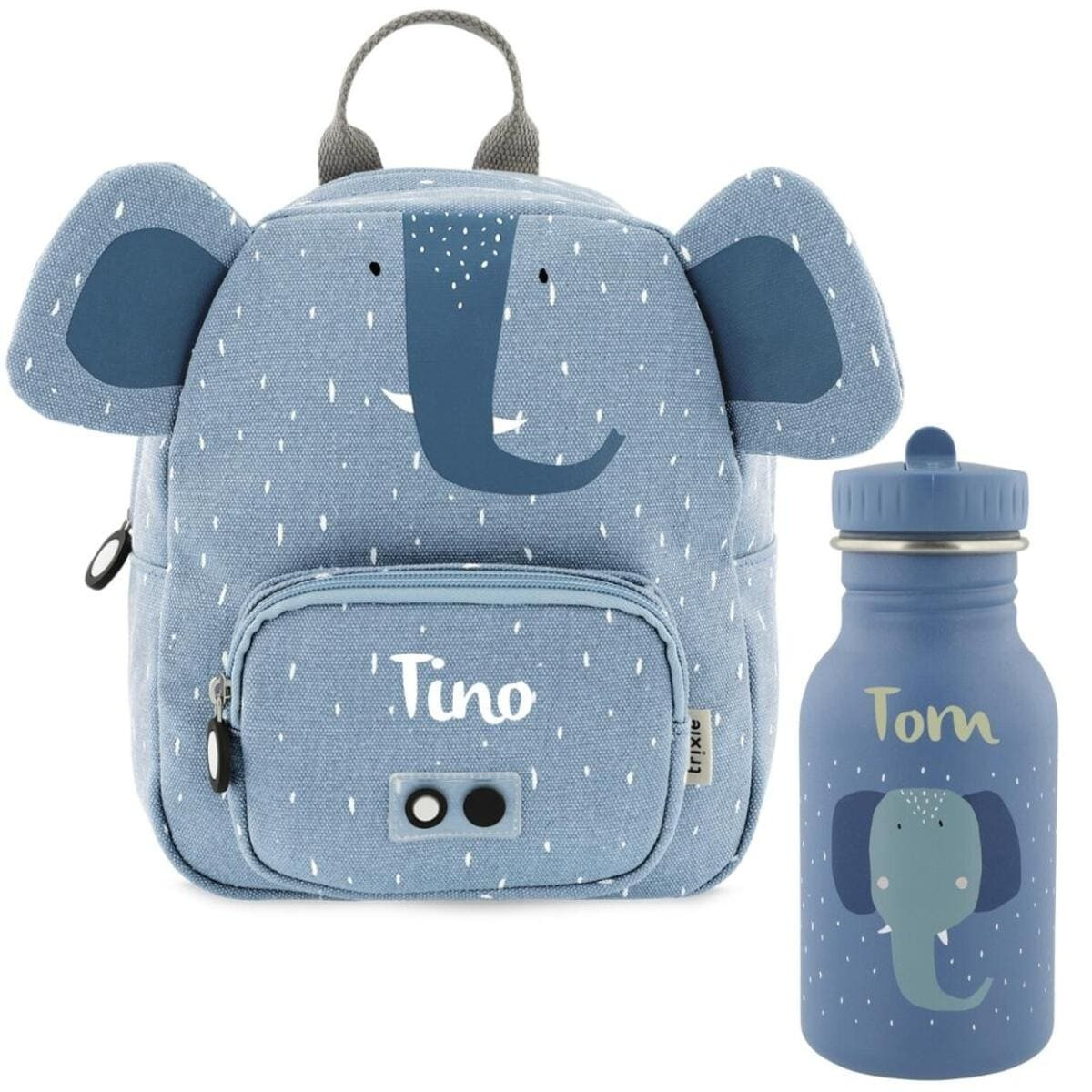 Kinderrucksack Set mit Trinkflasche und Namen, Kindergartenrucksack Set Trixie Elefant