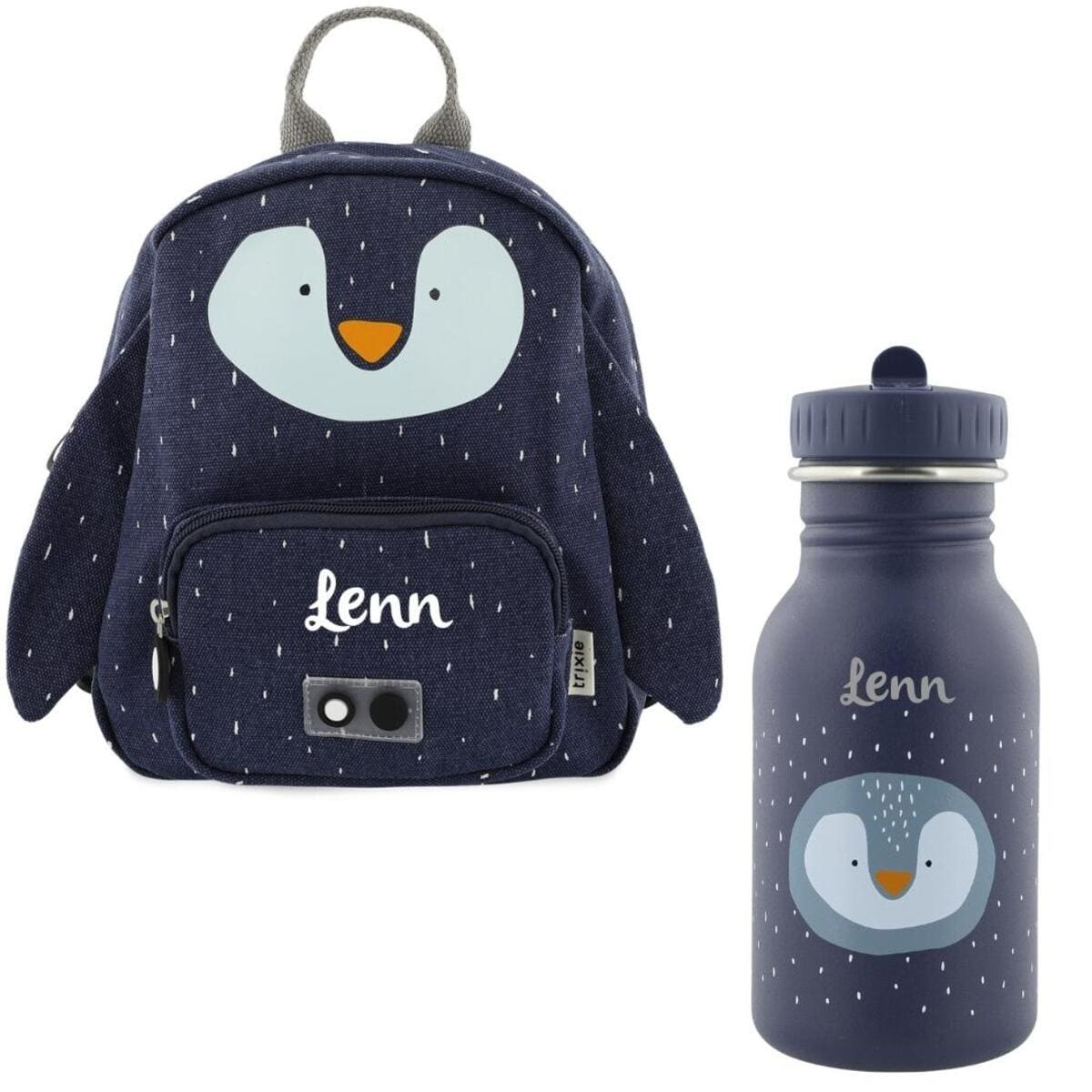 Kinderrucksack Set mit Trinkflasche und Namen, Kindergartenrucksack Set Trixie Pinguin