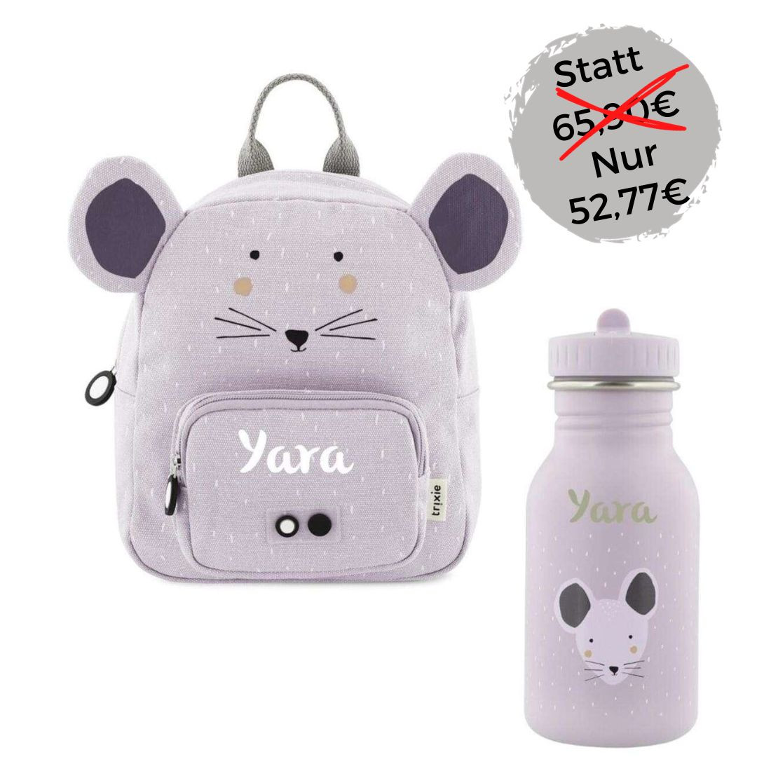 Kinderrucksack Set mit Trinkflasche und Namen, Kindergartenrucksack Set Trixie Maus Aktion