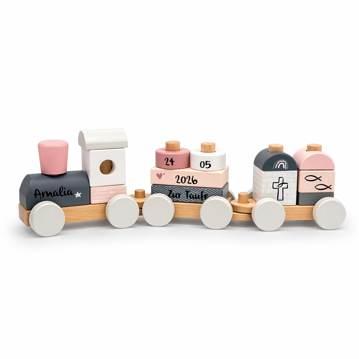 Geschenk zur Taufe | Holzeisenbahn rosa | personalisierbar