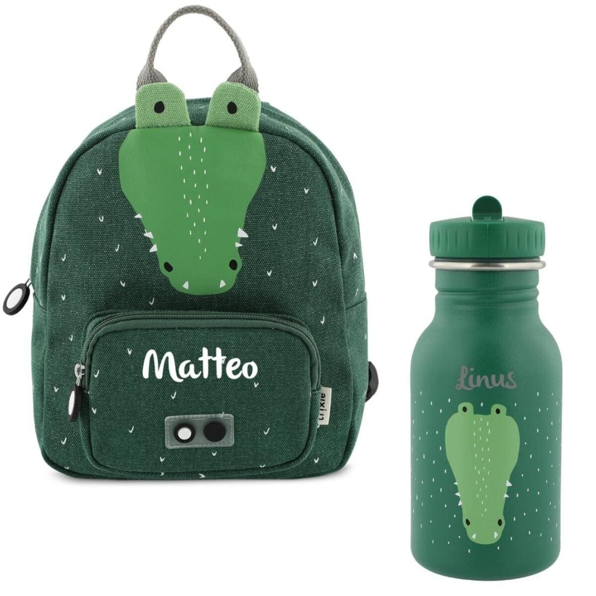 Kinderrucksack Set mit Trinkflasche und Namen, Kindergartenrucksack Set Trixie Krokodil