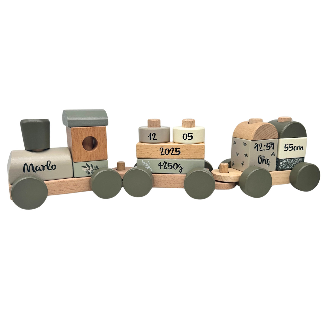Geschenk zur Geburt personalisiert - Holzeisenbahn personalisiert olive 