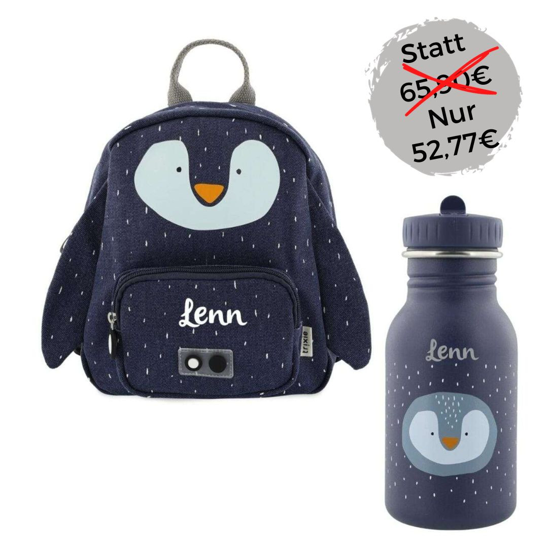 Kinderrucksack Set mit Trinkflasche und Namen, Kindergartenrucksack Set Trixie Pinguin Aktion