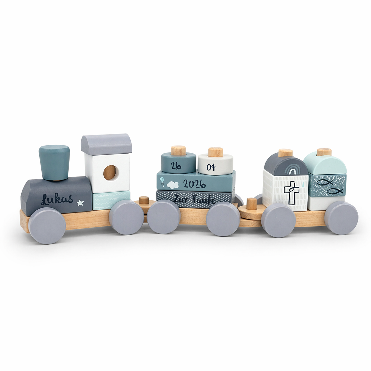 Geschenk zur Taufe | Holzeisenbahn blau | personalisierbar