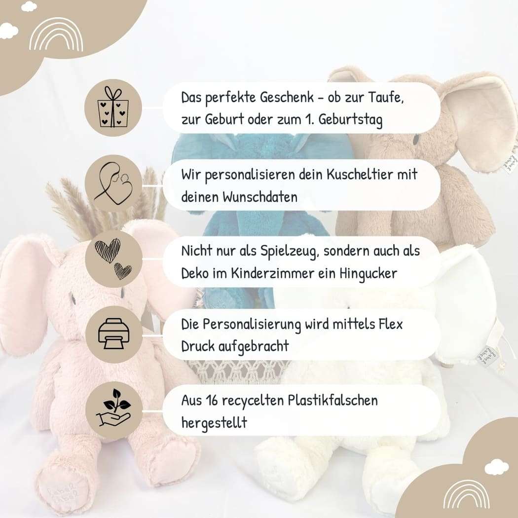Personalisiertes Kuscheltier Elefant Mit Namen | Geschenk Zur Geburt & Taufe, Mit Geburtsdaten, In Rosa