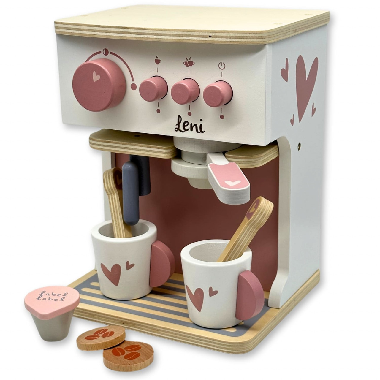 Rosafarbenen Holzspielzeug-Kaffeemaschine von Label Label