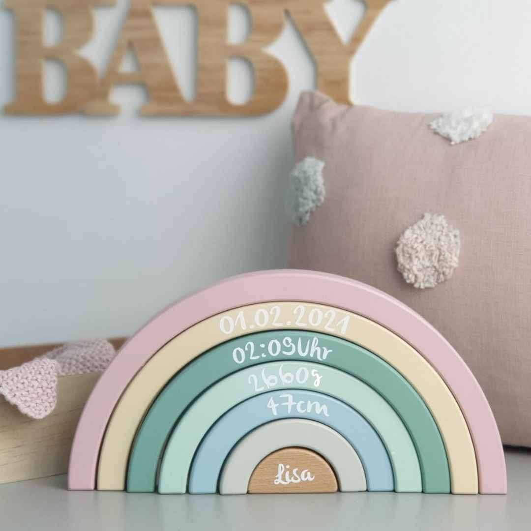 Personalisiertes Stapelhaus Aus Holz - Montessori Spielzeug In Olivgrün Mit Namensdruck