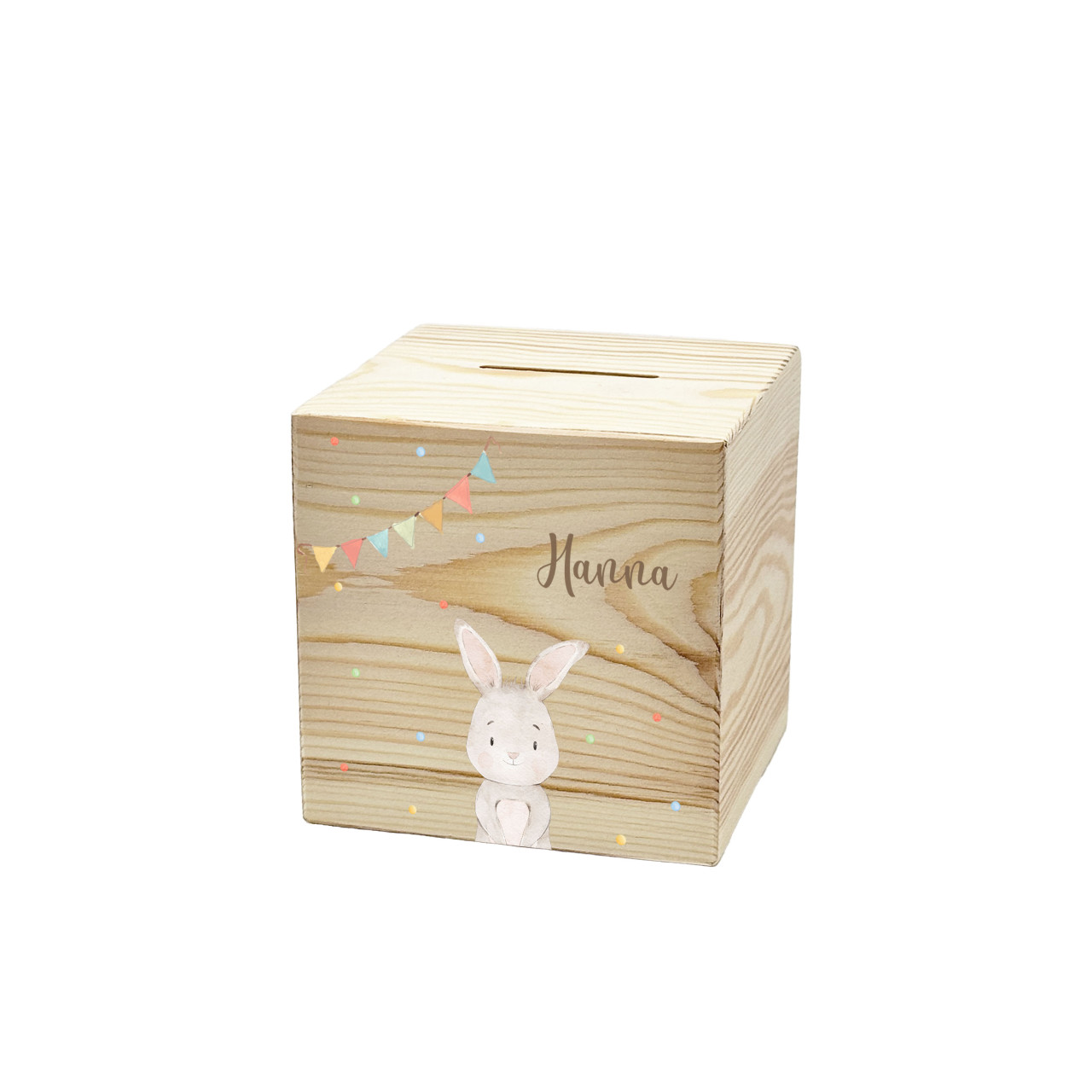 Personalisierte Holzspardose Hase Girlande 