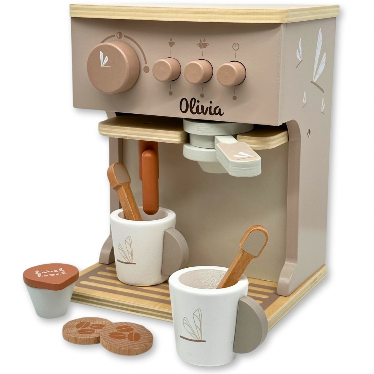 Frontansicht der nougatfarbenen Holzspielzeug-Espressomaschine von Label Label, personalisierbar für Kinderküchen
