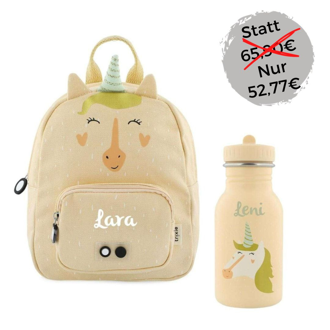 Kinderrucksack Set mit Trinkflasche und Namen, Kindergartenrucksack Set Trixie Einhorn Aktion