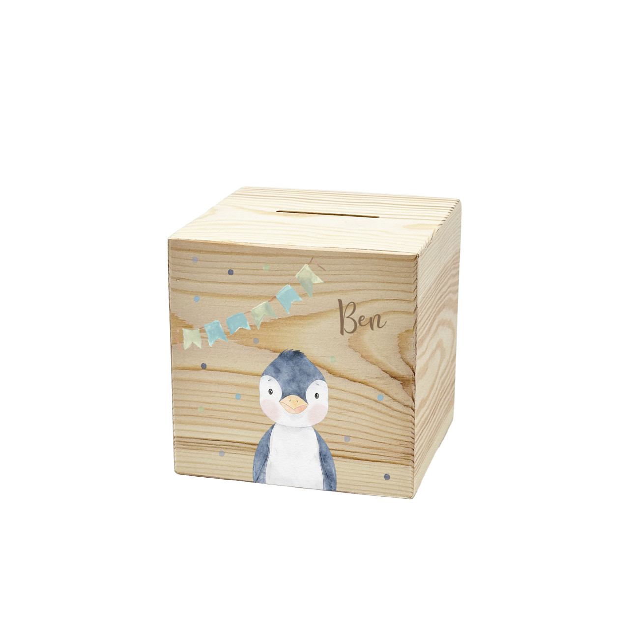 Personalisierte Holzspardose Pinguin 