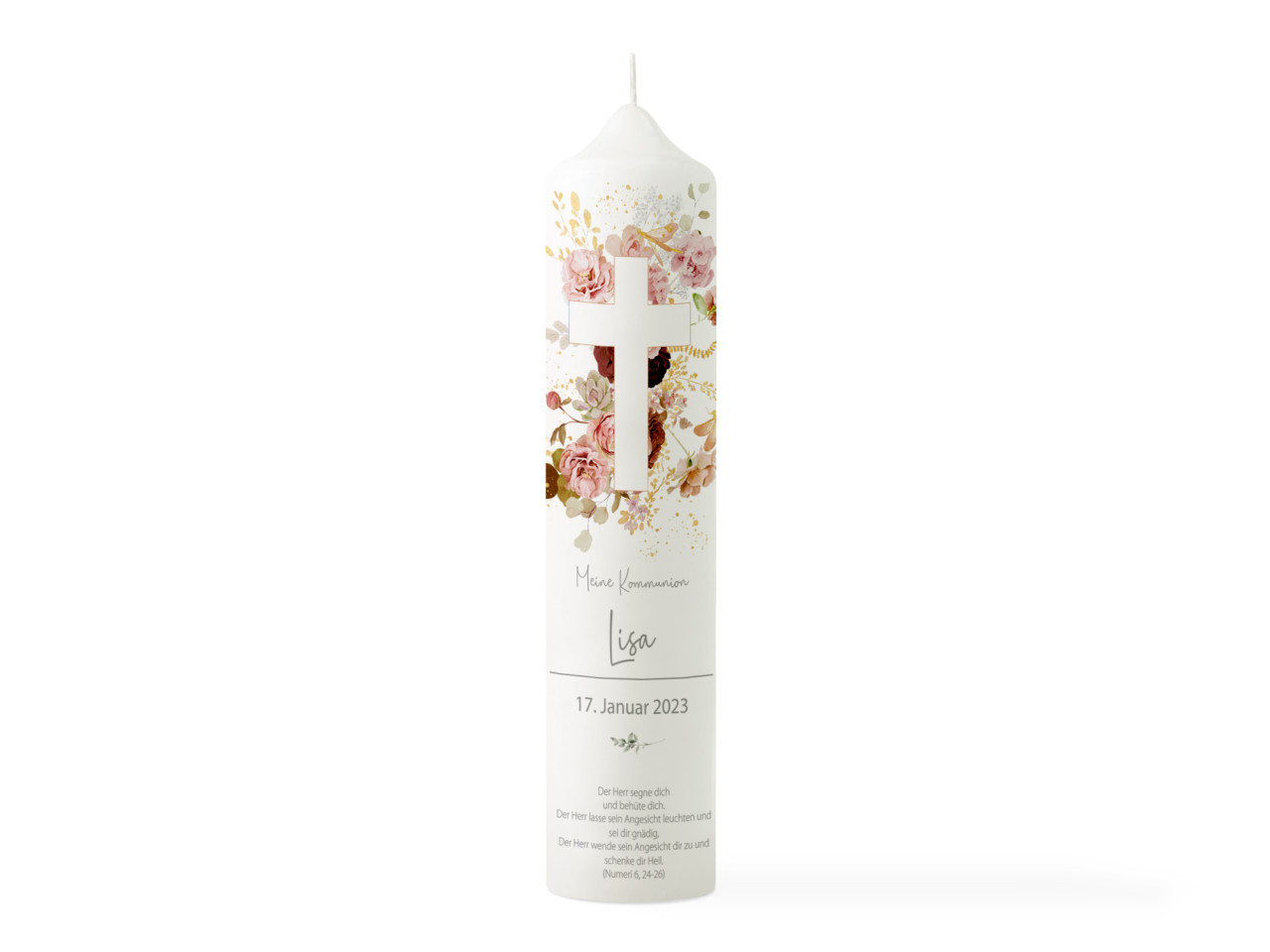 Personalisierte Kommunionskerze Kreuz Floral Gold 