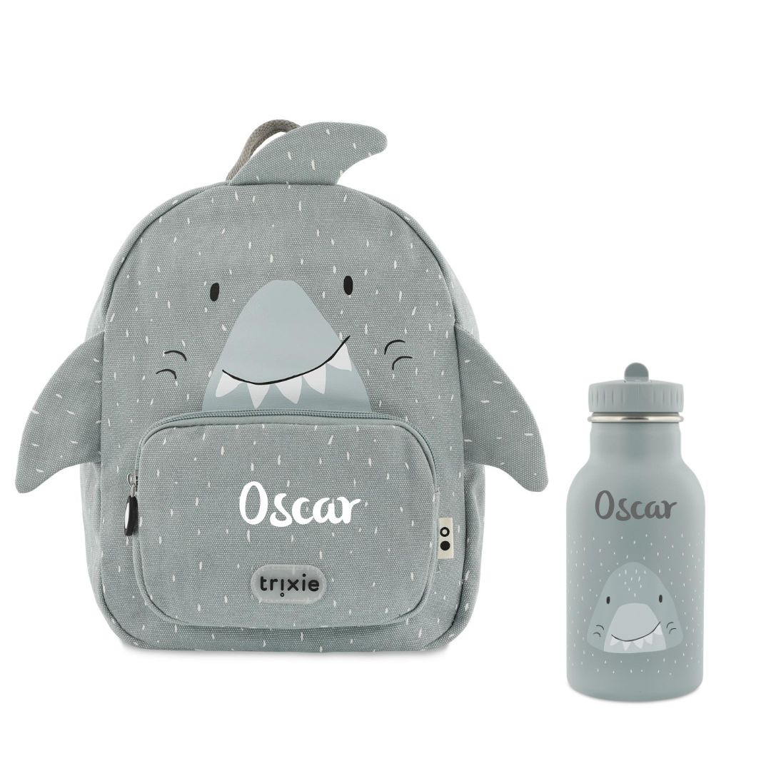 Kinderrucksack Set mit Trinkflasche und Namen, Kindergartenrucksack Set Trixie Hai