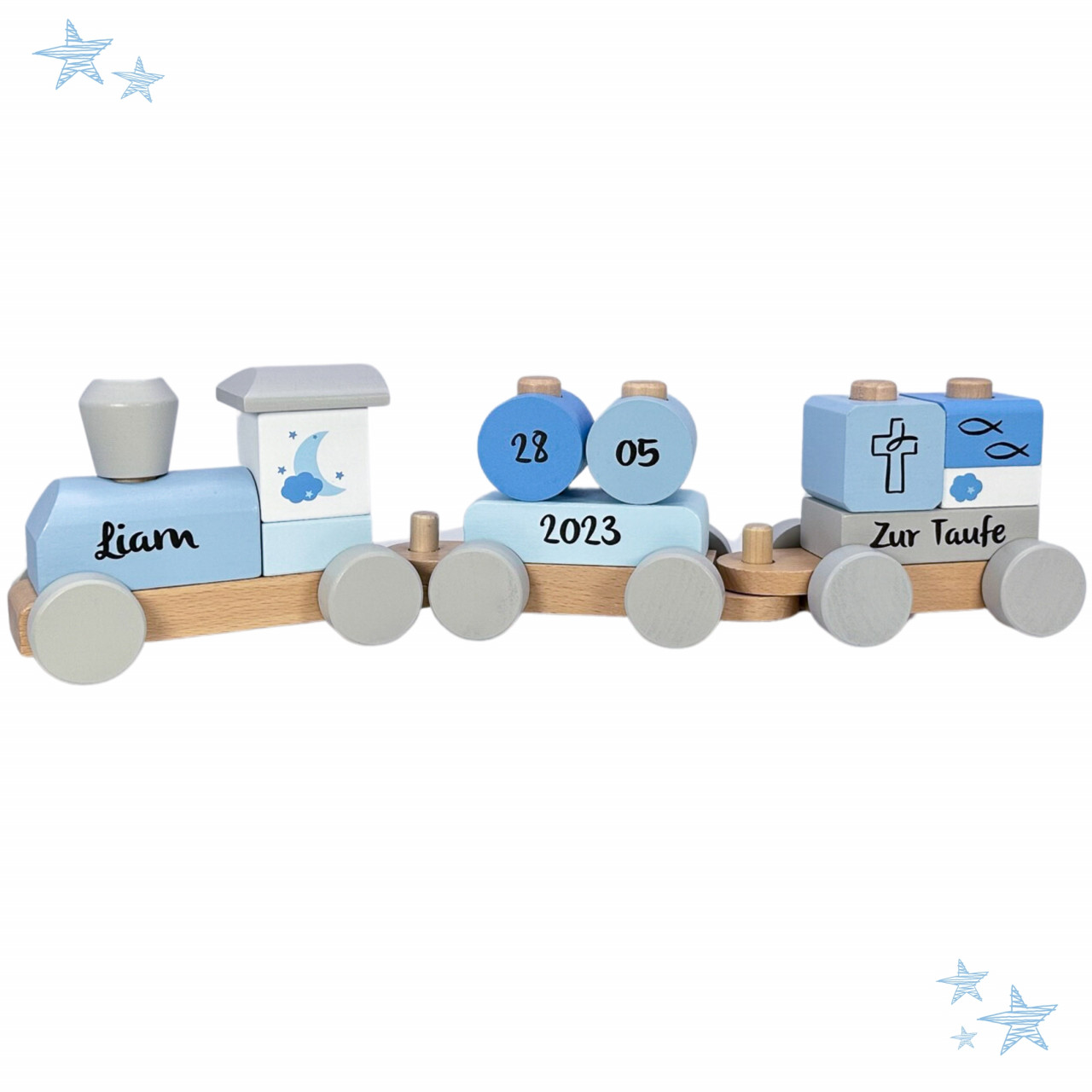 Tauf Eisenbahn mit Steckformen blau I Muffy & Moon I Geschenk zur Taufe I bedruckt personalisiert