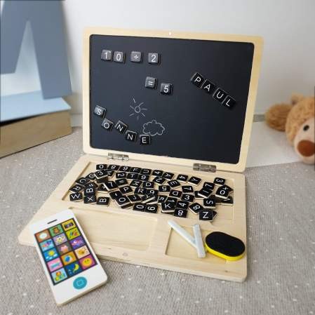 Laptop mit Magnet Holz Tafel Lesen Schreiben spielerisch lernen Kinder Spielzeug 