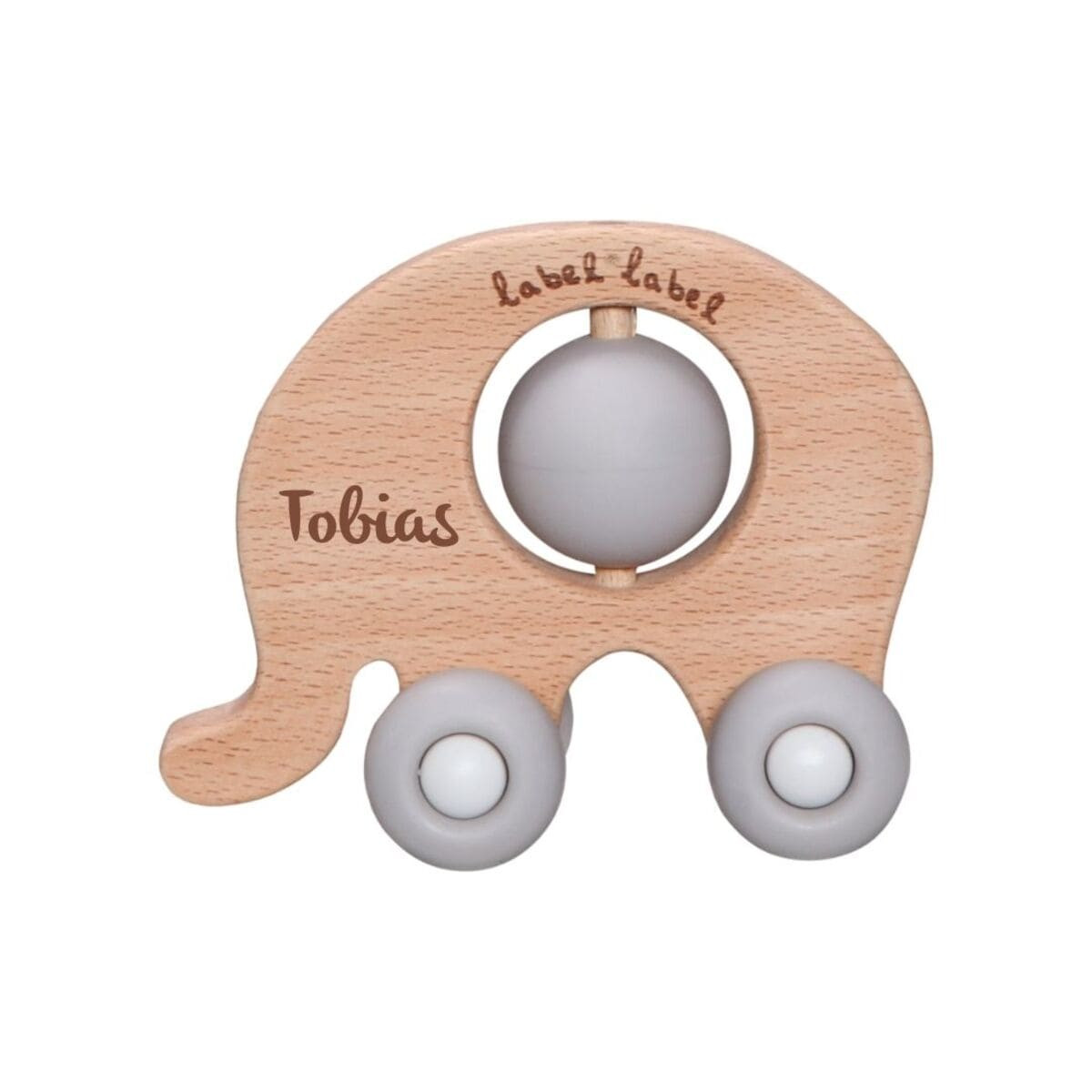 Holz & Silikon Elefant auf Rädern grau | Babygeschenk | personalisierbar