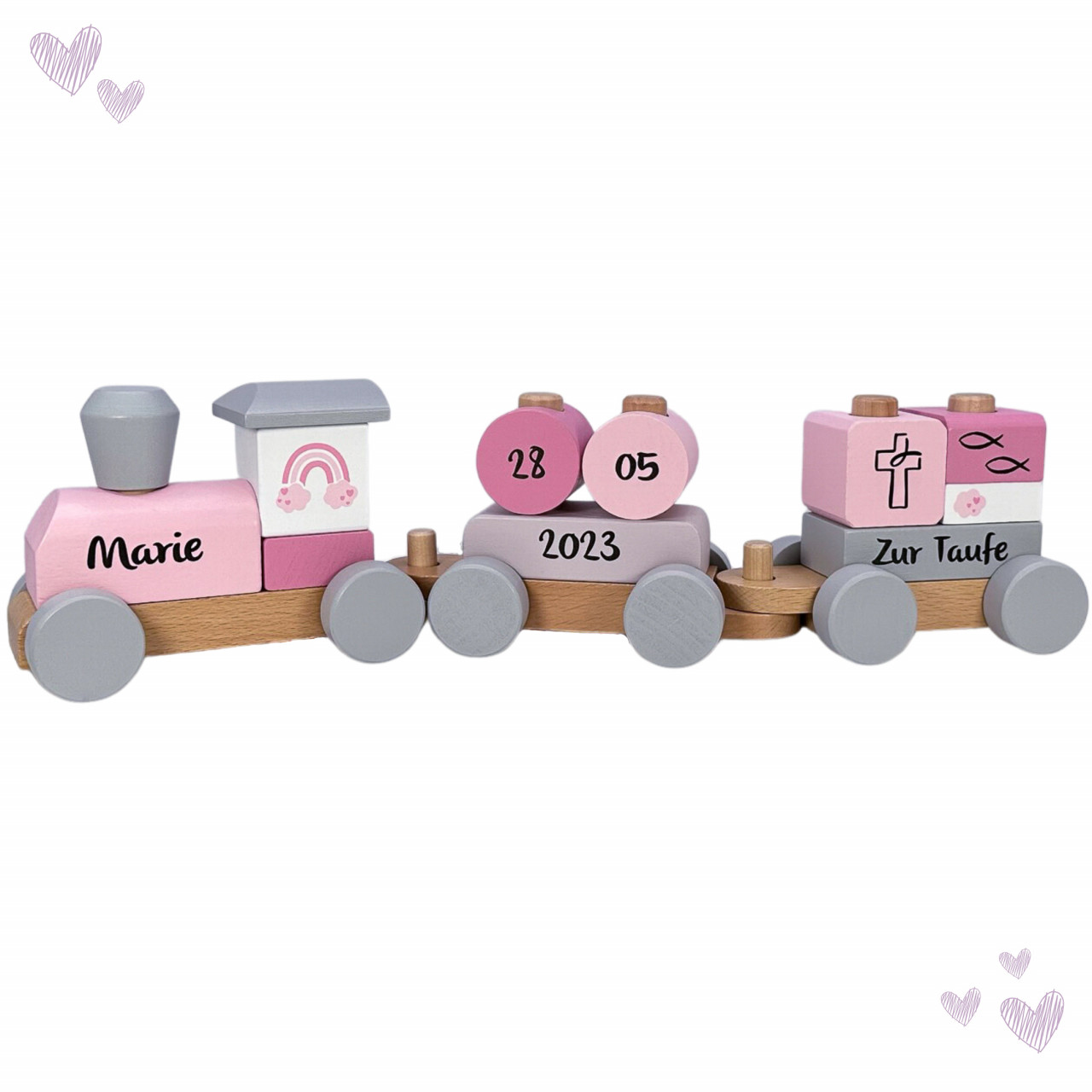 Tauf Eisenbahn mit Steckformen rosa I Muffy & Moon I Geschenk zur Taufe I bedruckt personalisiert